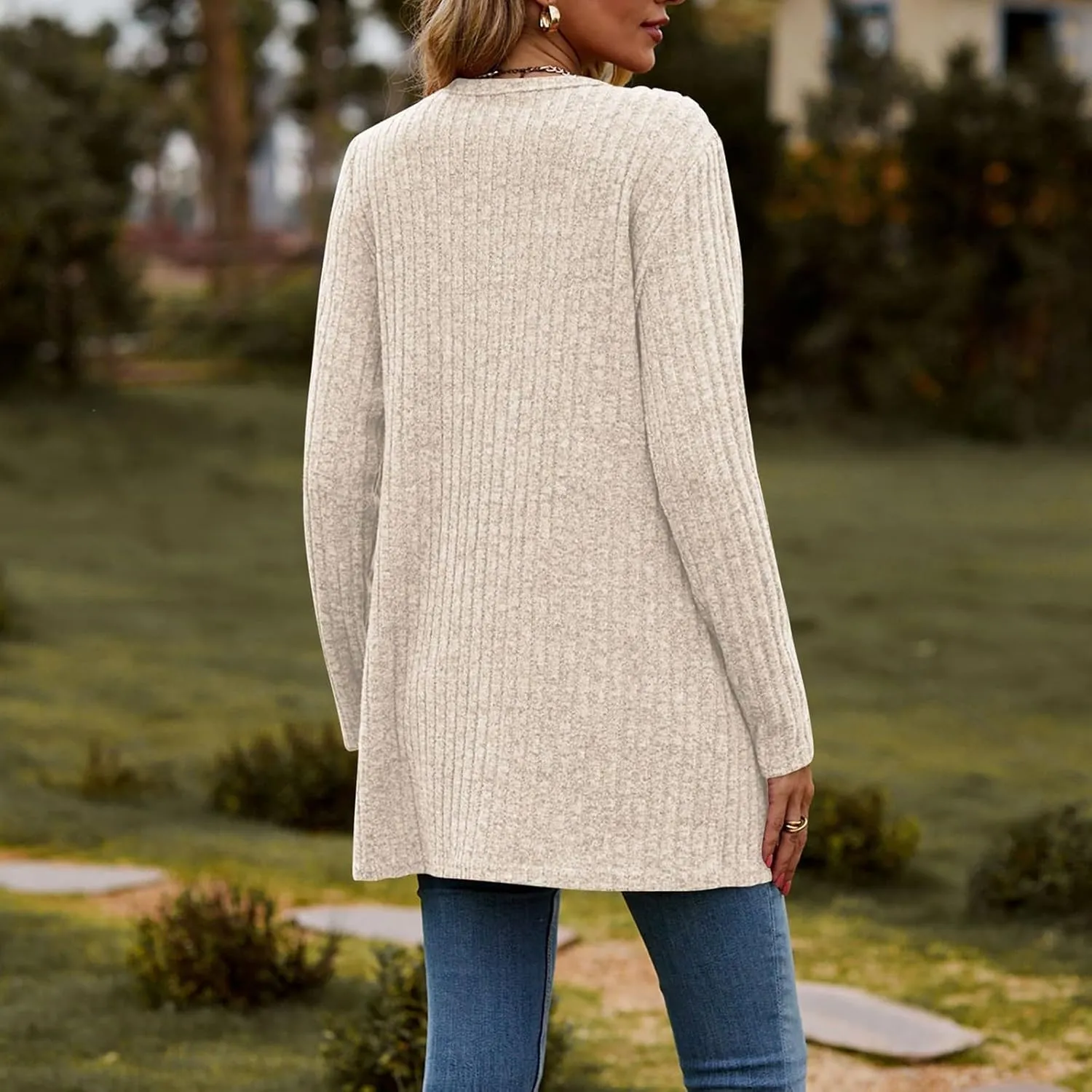 2023 Women's Open Front Cardigan Long Sleeve Draped Ruffles Soft Knit Sweaters Fall Lightweight Coat Trendy Jacket for Women