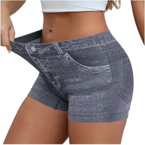 2025 Shorts for Women Stretchy Imitation Denim Pants Trendy Printed High Waisted Skinny Fake Jean Shorts