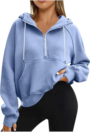 Akklian Half Zip Cropped Hoodies for Women, Trendy Womens Sweatshirts Fleece Jackets Pullover 2024 Fall Outfits Thumb Hole