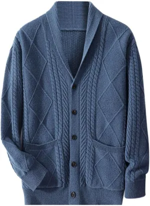 Amazhiyu Men's 100% Wool Shawl Collar Button Down Knitted Cardigans with Pockets