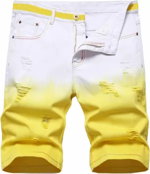 Baylvn Men's Casual Ripped Printed Denim Shorts Slim Fit Summer Beach Jeans Shorts