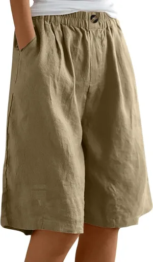 Bermuda Shorts for Women Knee Length Casual Linen Shorts Ladies Elastic Waist Loose Wide Leg Cotton Long Shorts