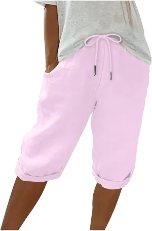 Bermuda Shorts for Women Knee Length Cotton Linen Capris Elastic Waisted Pants Summer Beach Board Shorts with Pockets