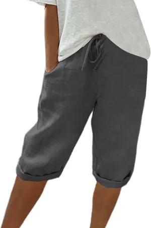 Bermuda Shorts for Women Knee Length Cotton Linen Capris Elastic Waisted Pants Summer Beach Board Shorts with Pockets