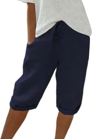 Bermuda Shorts for Women Knee Length Cotton Linen Capris Elastic Waisted Pants Summer Beach Board Shorts with Pockets