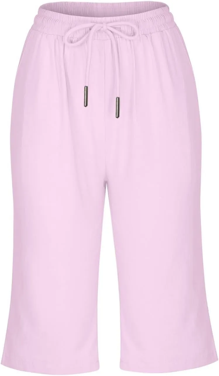 Bermuda Shorts for Women Knee Length Cotton Linen Capris Elastic Waisted Pants Summer Beach Board Shorts with Pockets