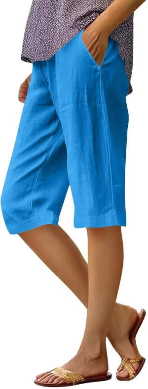 Bermuda Shorts for Women Knee Length Cotton Linen Capris Lightweight Summer Wide Leg Beach Shorts with Pockets