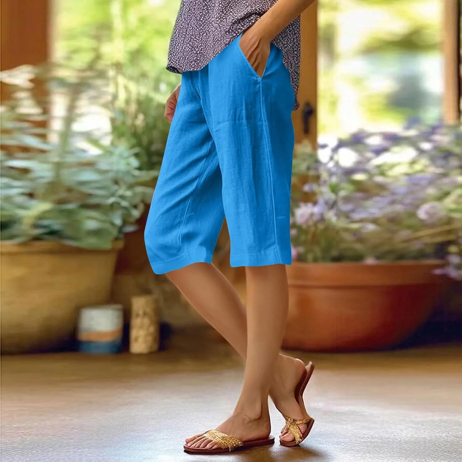 Bermuda Shorts for Women Knee Length Cotton Linen Capris Lightweight Summer Wide Leg Beach Shorts with Pockets