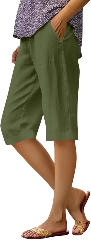 Bermuda Shorts for Women Knee Length Cotton Linen Capris Lightweight Summer Wide Leg Beach Shorts with Pockets
