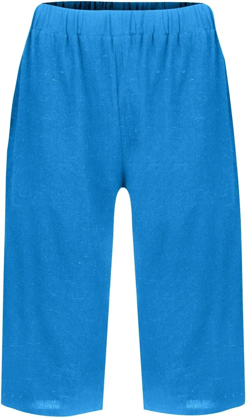 Bermuda Shorts for Women Knee Length Cotton Linen Capris Lightweight Summer Wide Leg Beach Shorts with Pockets