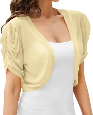 Cardigan for Women Cropped Solid Puff Sleeve Bolero Shrug Open Front Sheer Cardigans Elegant Ladies Summer Blouse Tops