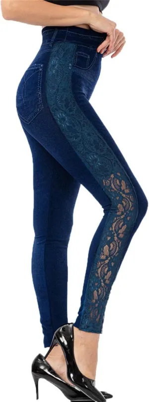 Casual Leggings for Women Simulation Jeans High Waist Printed Lace Hollow Tummy Control Butt Lifting Pants Compression Causal Fitted Tights Fitness Elastic Waist Patterned Slimming Day wrap 4th Blue