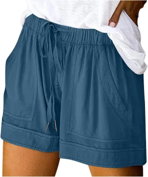 Casual Shorts for Women Trendy Drawstring Elastic Waist Cotton Shorts with Pockets Loose Fit Beach Summer Outfits