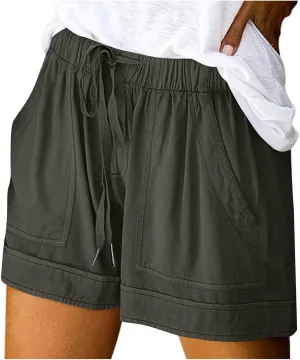Casual Shorts for Women Trendy Drawstring Elastic Waist Cotton Shorts with Pockets Loose Fit Beach Summer Outfits