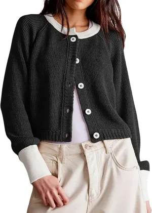 CHARTOU Women Button Up Cable Knit Sweater Jacket Fall Color Block Short Knitted Cropped Cardigan Sweater Y2k Crop Top