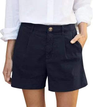 Chino Shorts for Women High Waisted Pleated Wide Leg Linen Shorts Lightweight Summer Dressy Casual Shorts with Pockets
