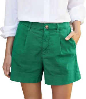 Chino Shorts for Women High Waisted Pleated Wide Leg Linen Shorts Lightweight Summer Dressy Casual Shorts with Pockets