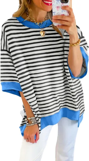 Chvity Women Stripe Colorblock Oversized T Shirt Exposed Seam High Low Pullover Crewneck Short Sleeve Blouses Tops