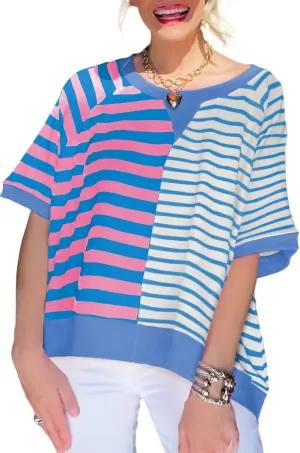 Chvity Womens Half Striped Pattern Oversized T Shirt Crewneck Short Sleeve Casual Loose Summer Colorblock Blouse Tops