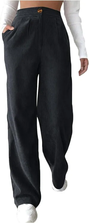 Corduroy Pants Women Straight Leg High Waist Wide Leg Pants Tall Loose Fit Trousers Casual Long Pants