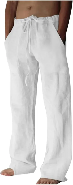 Cotton Linen Pants for Men Drawstring Wide Leg Trousers Elastic Waist Summer Lightweight Lounge Pants Trendy Pants