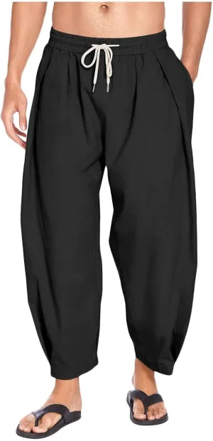 Cotton Linen Pants for Mens Loose Fit Drawstring Elastic Waist Casual Sweatpants Lightweight Beach Yoga Trousers