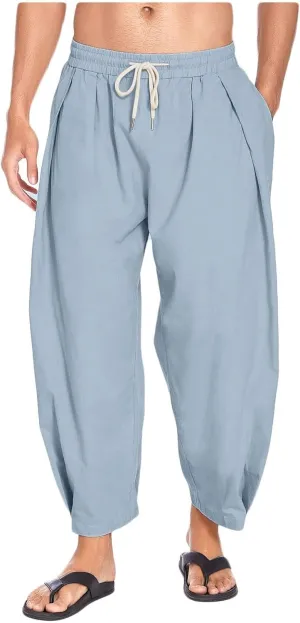 Cotton Linen Pants for Mens Loose Fit Drawstring Elastic Waist Casual Sweatpants Lightweight Beach Yoga Trousers