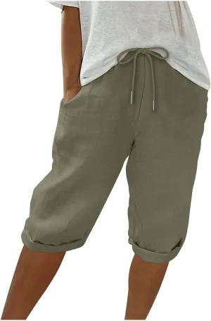 Cotton Linen Shorts for Women 2025 Summer Casual Loose Fit Drewstring Bermuda Shorts Vacation Beach Shorts w/Pockets