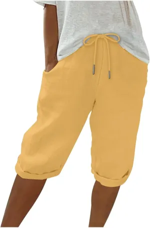 Cotton Linen Shorts for Women 2025 Summer Casual Loose Fit Drewstring Bermuda Shorts Vacation Beach Shorts w/Pockets
