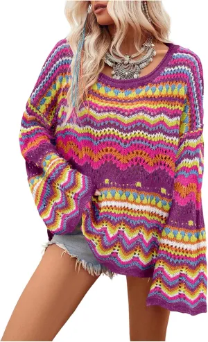 COZYEASE Women's Oversized Colorful Sweater Drop Shoulder Pullover Crochet Hollow Fall Outfit Sweater Tops
