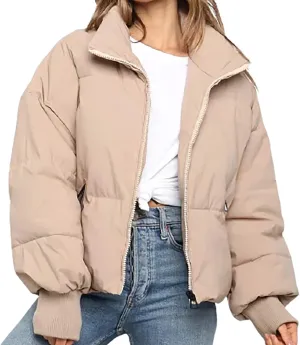 DASAYO Women Puffy Stand Collar Zip Up Puffer Jacket Fashion Quilted Down Outdoor Coats Winter Warm Baggy Padding Jackets Top