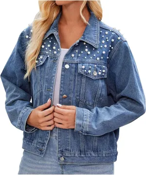 Denim Jacket for Women 2024 Embellished Jean Jackets Long Sleeve Button Down Western Trucker Jacket Coat Fall Outfits
