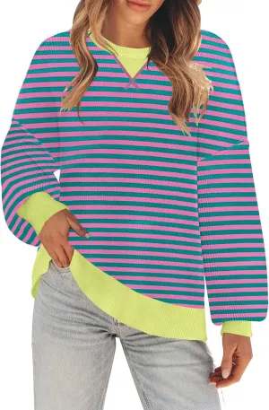 ETCYY Womens Sweaters 2025 Fall Clothes Oversized Long Sleeve Striped Shirts Lightweight Color Block Knit Pullover Tops