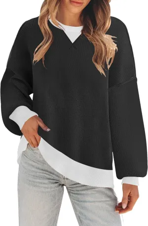 ETCYY Womens Sweaters 2025 Fall Clothes Oversized Long Sleeve Striped Shirts Lightweight Color Block Knit Pullover Tops