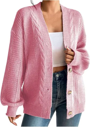 Fashion Winter Cardigans for Womens Long Sleeves Cable Knit Sweater Classic Button Up Cardigan Sweater Loose Fit Coat