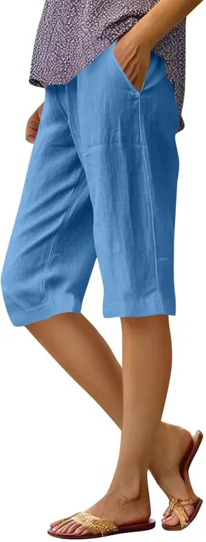 Finelylove Linen Shorts for Women Knee Lenght Lightweight Summer Bermuda Shorts Casual Summer Beach Shorts Boho Capri Pants