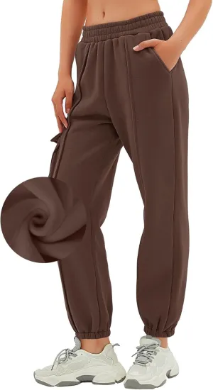 Fleece Cargo Sweatpants for Women High Waisted Sports Athletic Joggers with Pockets Gym Workout Golf Jogger Pants