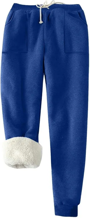 Fleece Lined Leggings Women Sherpa Drawstring Elastic Thermal Leggings Plus Size Trendy Winter Joggers with Pockets
