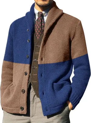 GOKKILRW Mens Long Sleeve Cable Knit Cardigan Sweater Colorblock Casual Shawl Collar Button Down Chunky Warm Knitwear Jacket