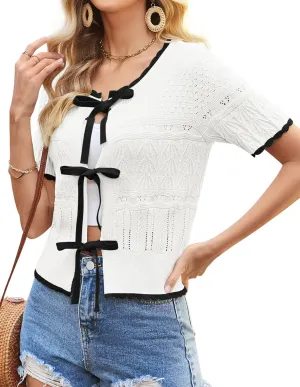 GRACE KARIN Women's Tie Front Cardigan 2025 Short Sleeve Lightweight Crochet Knit Color Block Summer Bow Sweater Tops