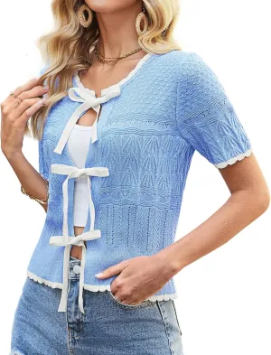 GRACE KARIN Women's Tie Front Cardigan 2025 Short Sleeve Lightweight Crochet Knit Color Block Summer Bow Sweater Tops