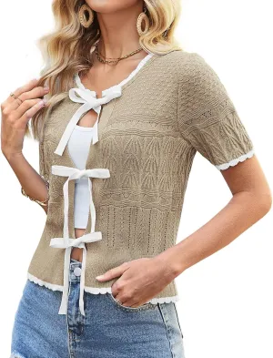 GRACE KARIN Women's Tie Front Cardigan 2025 Short Sleeve Lightweight Crochet Knit Color Block Summer Bow Sweater Tops