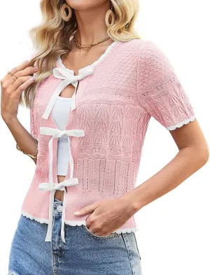 GRACE KARIN Women's Tie Front Cardigan 2025 Short Sleeve Lightweight Crochet Knit Color Block Summer Bow Sweater Tops