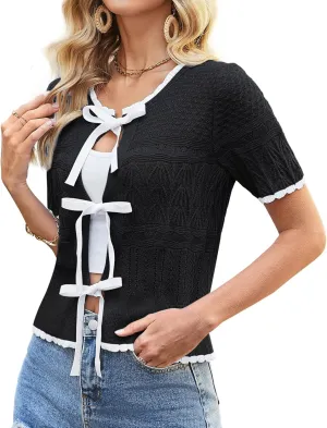 GRACE KARIN Women's Tie Front Cardigan 2025 Short Sleeve Lightweight Crochet Knit Color Block Summer Bow Sweater Tops