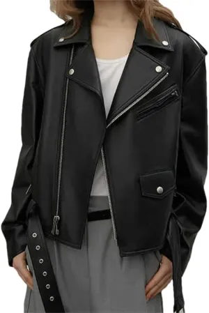Hdhdeueh Women's Sheepskin Leather Jackets Moto Biker Leather Coats Streetwear Zipper