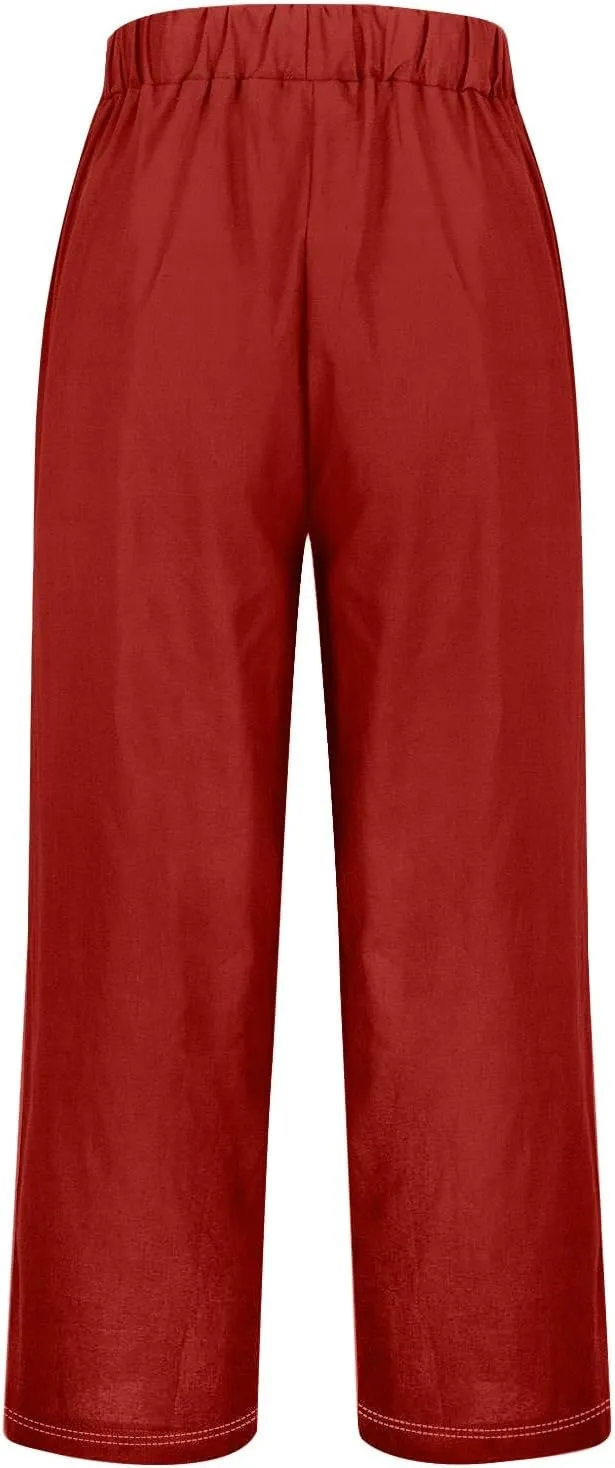 Joggers for Women Long Drawstring Casual Linen Elastic Women Leg Solid Cotton Pants Wide Leg Long Lounge Pant