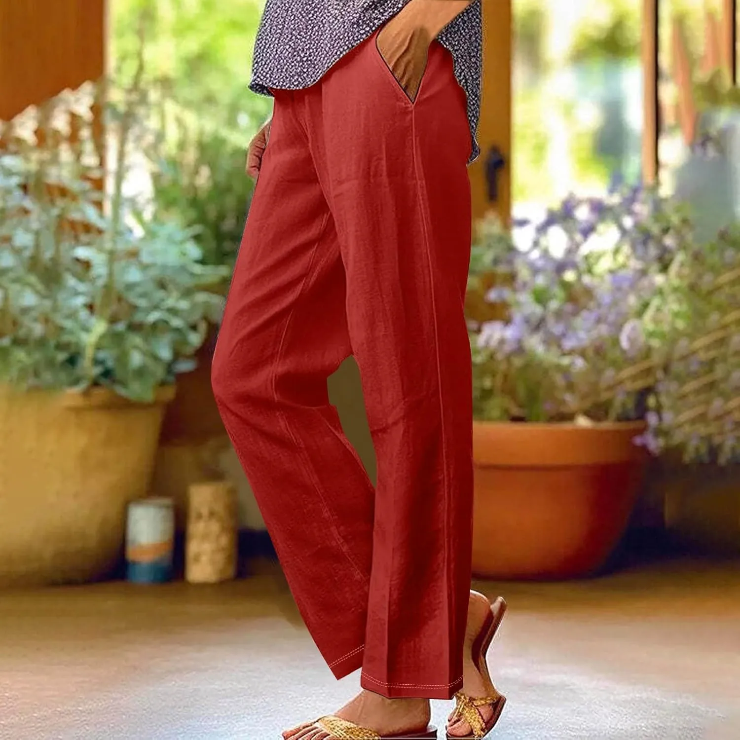 Joggers for Women Long Drawstring Casual Linen Elastic Women Leg Solid Cotton Pants Wide Leg Long Lounge Pant