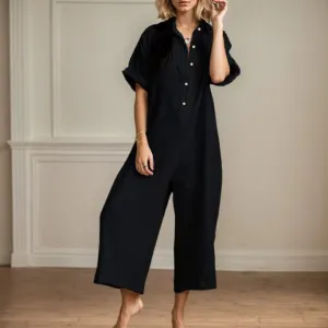 Jumpsuits for Women 2025 Cotton Linen Short Sleeve Button Up Jumpsuit Wide Leg Long Romper Summer One Piece Outfit