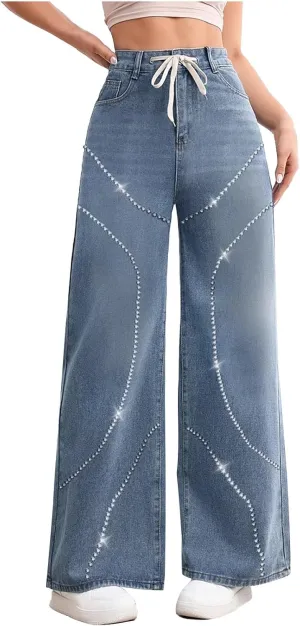 Juniors Loose Fit Denim Pants for Women Cowgirl High Cut Straight Leg Plain Long Leg Summer Fall 2025 Fashion Y2K