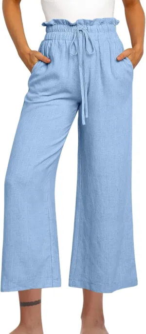 Linen Pants Women Ruffle Drawstring High Waist Wide Leg Pants with Pockets Dressy Casual Straight Trousers Summer